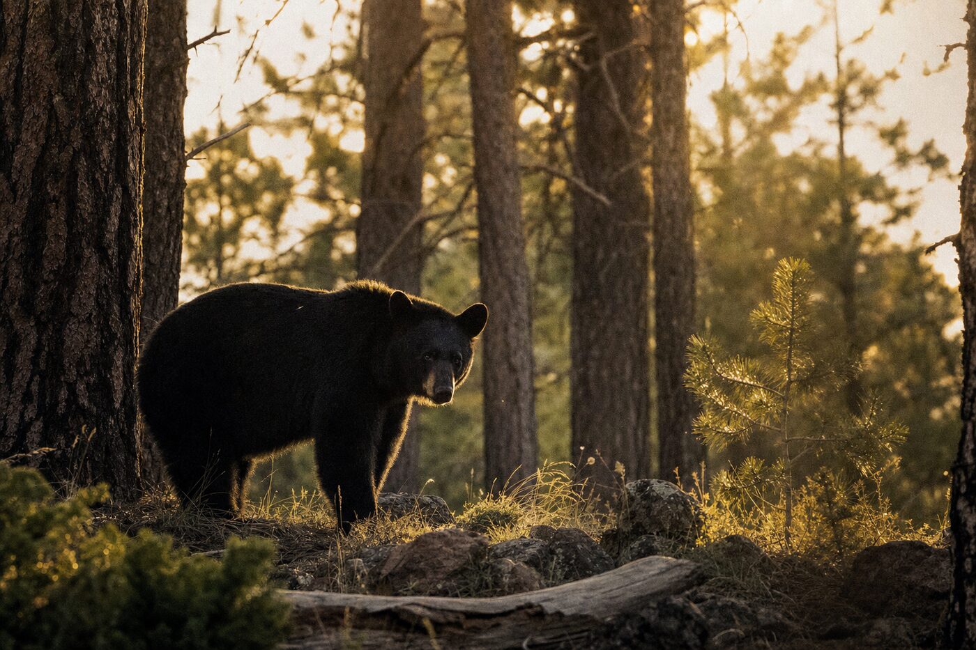Bear walking through forested wildlife park