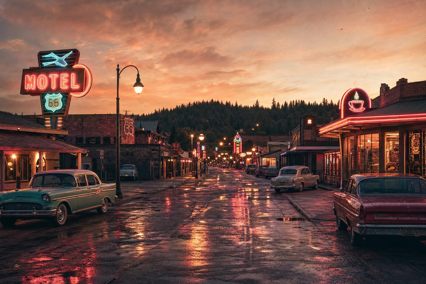 Route 66 neon signs lit up at dusk in Williams, Arizona
