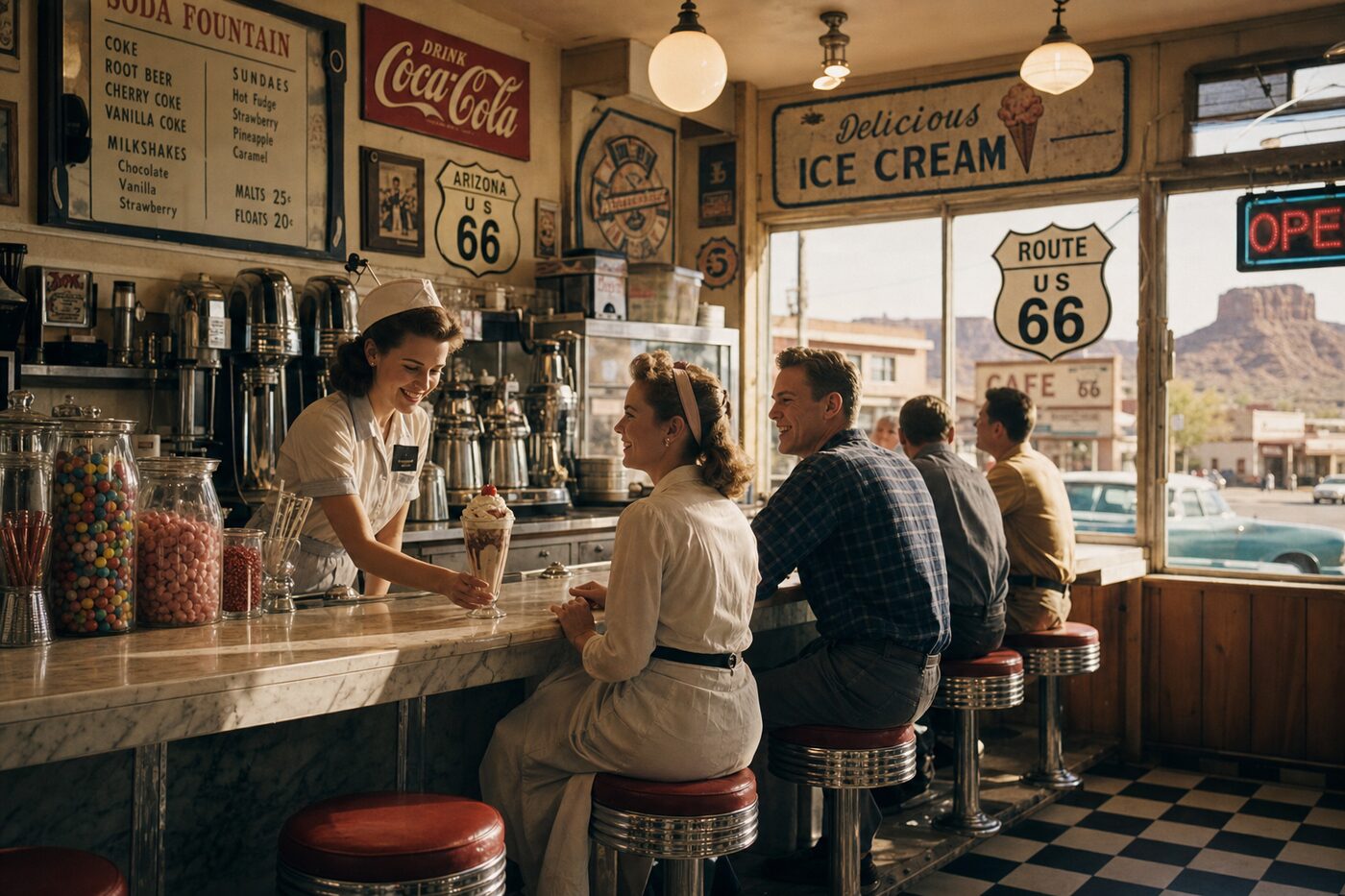 Classic soda fountain counter on Route 66