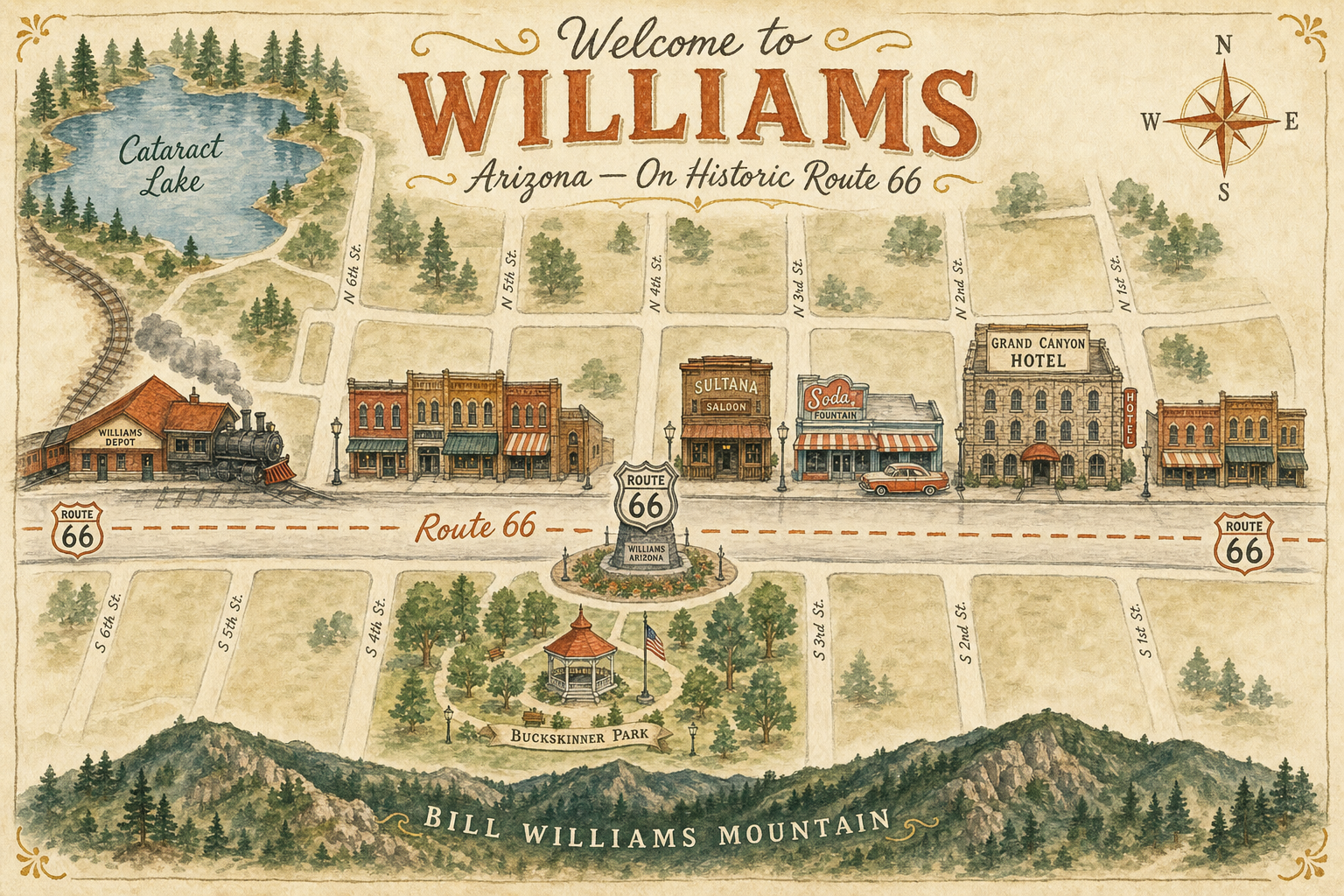 Illustrated map of Williams, Arizona
